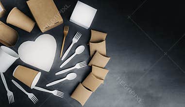 Paper and bamboo tableware, cartoon boxes, cups, cutlery for street food, fast food, picnic, no plastic concept, grey background.