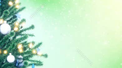 Decorated Christmas tree with sparkling light garland, balls and stars