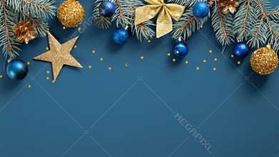 Wide arch shaped Christmas border on blue background. Christmas banner mockup, postcard template. Flat lay, top view, copy space