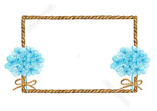 Watercolor painting of Brown Rope frame with bouquet of blue flowers.