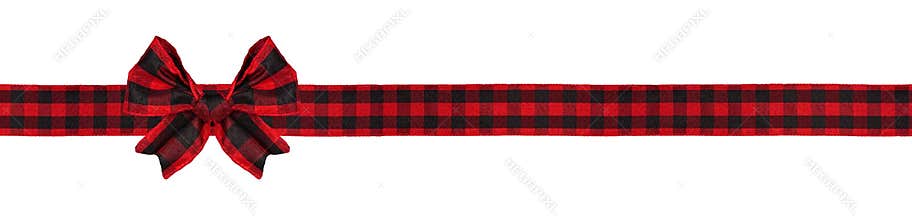 Red and black buffalo plaid Christmas gift bow and ribbon long border isolated on white