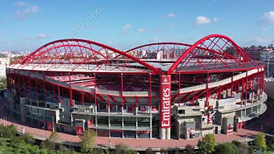 Aerial flight along the Benfica Lisbon soccer stadium called Estadio da Luz - CITY OF LISBON, PORTUGAL - NOVEMBER 5