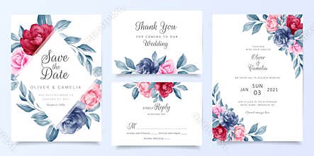 Navy blue wedding invitation card template set with floral frame and decoration. Elegant flowers save the date, invitation,