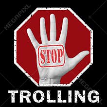 Open hand with the text stop trolling. Global social problem