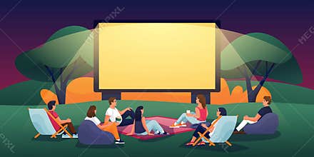 Outdoor evening cinema in summer park. Vector flat cartoon illustration. People watching movie in open-air cinema