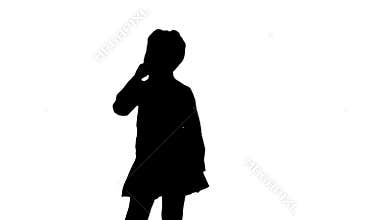 Silhouette Cute happy girl singing into imaginary microphone.