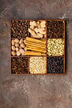 Spices and herbs for decorating food labels, top view