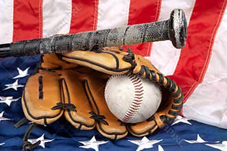 Baseball equipment on American flag