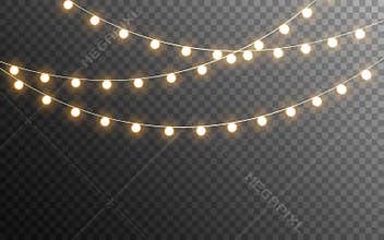 Christmas lights isolated. Glowing garlands on transparent dark background. Realistic luminous elements. Bright light