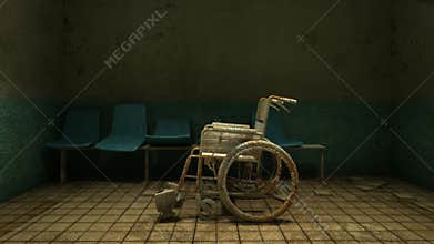 Horror and creepy wheelchair moving in front of the examination room in the hospital.3D rendering