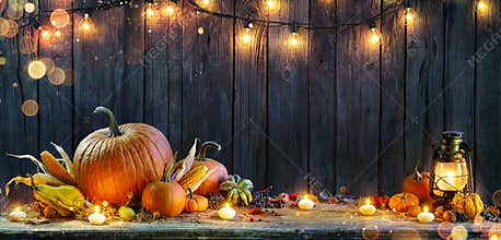 Thanksgiving - Pumpkins On Rustic Table