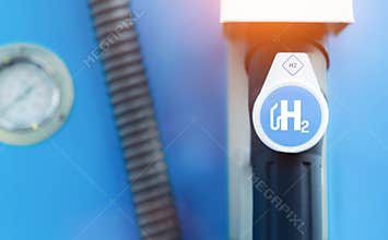 Hydrogen logo on gas stations fuel dispenser. h2 combustion engine for emission free eco friendly transport