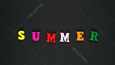 Word summer formed of wooden multicoloured letters. Colourful words loop. Stop motion animation