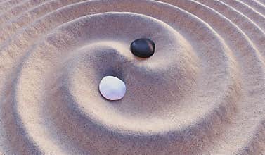 Black and white stones in sand. Yin-Yang symbol. 3D rendered illustration.