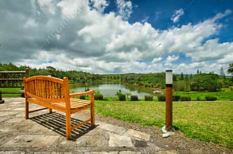 A bench at the popular tea plantation Bois Cheri in the foothills. Mauritius