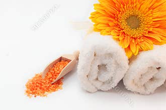 SPA still life with sea salt, towels and flower