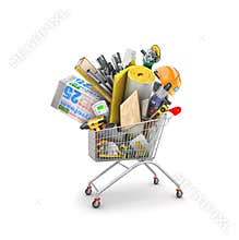 Shopping cart with heap of building materials