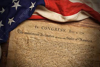 United States Declaration of Independence with a vintage American flag