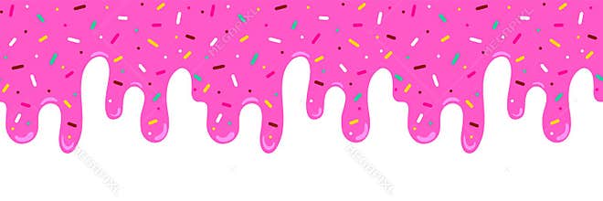 Pink ice cream melted with colorful cute candy sprinkles long border, banner seamless pattern