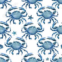 Seamless pattern with sea crabs. watercolor Marine background