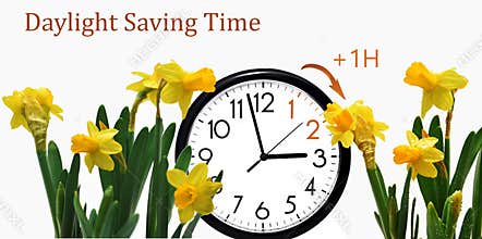 Daylight Saving Time DST. Blue sky with white clouds and clock. Turn time forward +1h