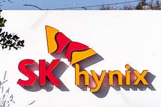Feb 14, 2020 San Jose / CA / USA - SK Hynix logo at their headquarters in Silicon Valley; SK Hynix Inc. part of SK Group and