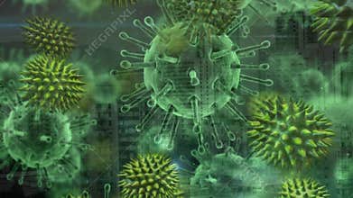 Animation of green corona virus with city in background