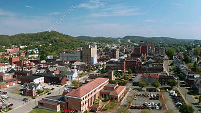Aerial footage elevating up over Clarksburg West Virginia