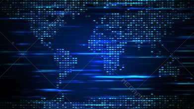 Futuristic Blue Square Shines Dotted Earth World Map With Horizontal Blue Light Streaks