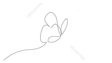 Self drawing simple animation of single continuous one line drawing of flying butterfly. Drawing by hand, black line on