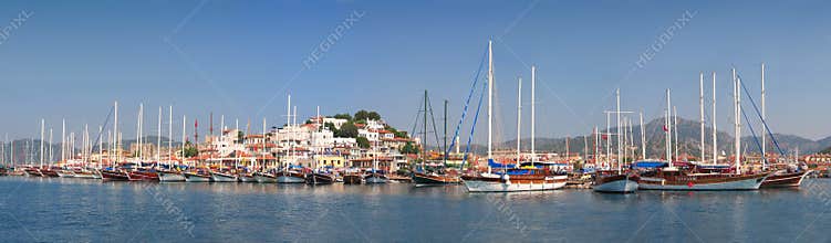 Sailboats anchored in harbour