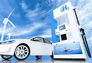 Hydrogen logo on gas station. h2 combustion engine for emission free ecofriendly transport