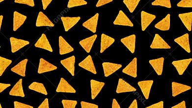Delicious tortilla chips march across screen, isolated on black
