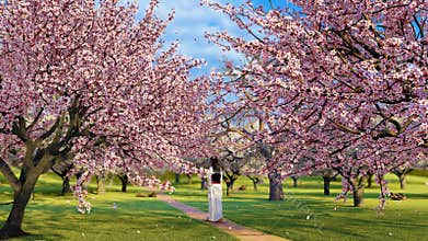 Blooming sakura tree and kimono girl in slow-mo 3D