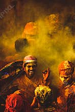 Barsana, Uttar Pradesh/ India-may 24 2020 : People of Barsana Mathura playing holi and are covered in holi colors during holi