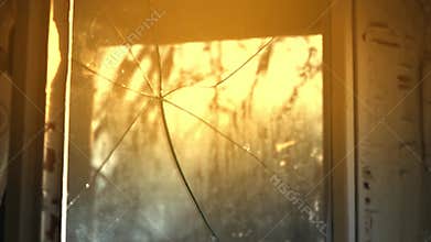 Old cracked window. Broken glass on the window. Sun through an old broken window.