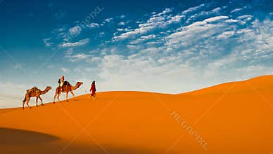 Camel caravan in the sahara desert