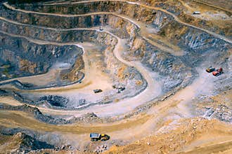 Mining from above. Industrial terraces on open pit  mineral mine. Aerial view of opencast mining. Dolomite Mine Excavation.