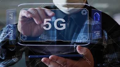Old man shows hologram with text 5G