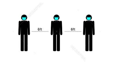 Social distancing rule animation among three icon flat silhouette men