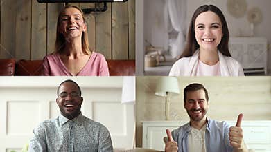 Computer screen collage of four diverse people making video call.