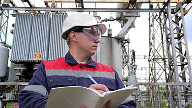 The energy engineer inspects the equipment of the substation. Power engineering. Industry