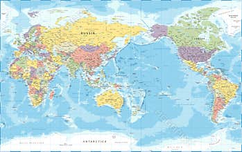 World Map - Pacific View - Asia China Center - Political Topographic - Vector Detailed Illustration