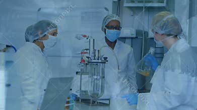 Animation of scientists working in a laboratory over people on a street in the background.