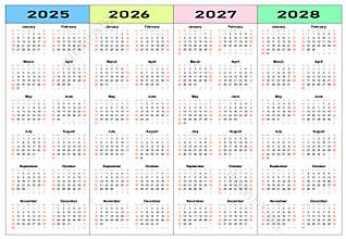 Calendar 2025, 2026, 2027, 2028 years set.