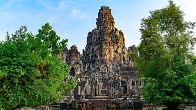 Angkor Thom, Khmer Temple, Siem Reap, Cambodia. It is famous because of the oversized smiling faces of the multi-headed statues