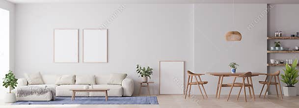 Panorama of modern living room with white furniture and dining area