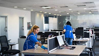 Cleaners clean empty office spaces