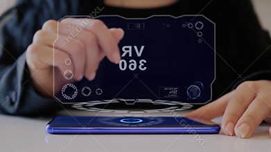 Female hand interacts hologram VR 360