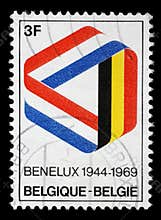 Stamp printed in the Belgium shows Mobius Strip in Benelux Colors, 25th Anniversary of the Signing of the Customs Union, circa